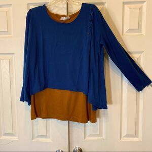 Jersey knit top, Double layer navy/rust tunic, Super soft, long sleeves, LARGE